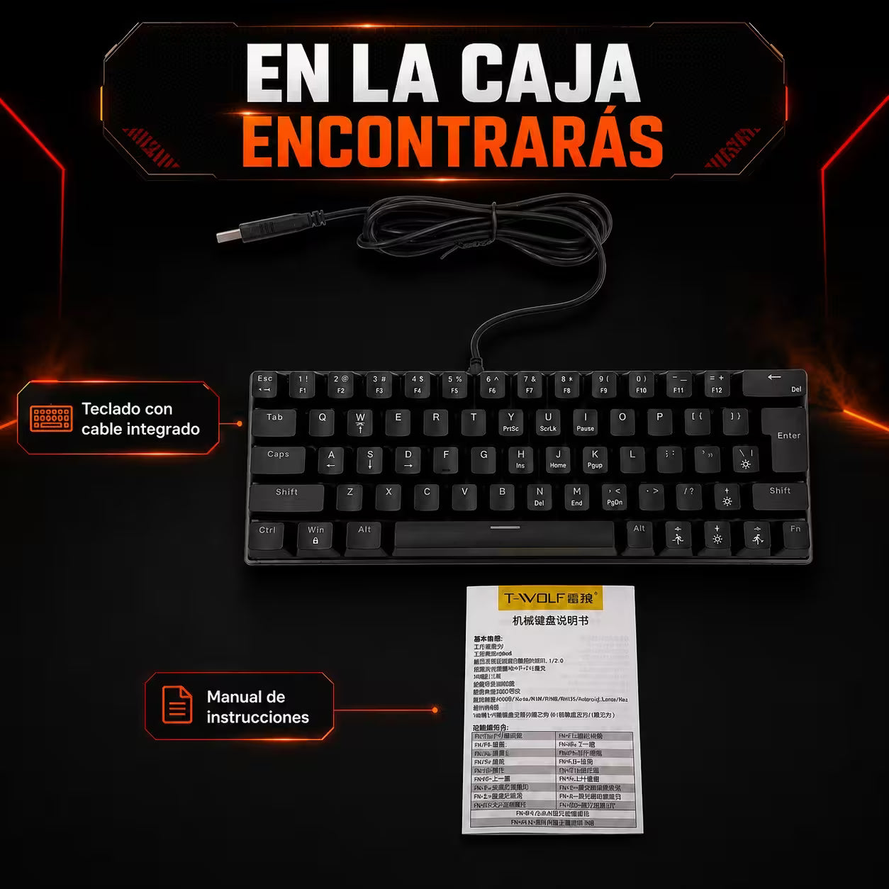 Teclado Mecánico T-Wolf T61 Pro-Gamer | 63 Teclas RGB Anti-Ghosting USB