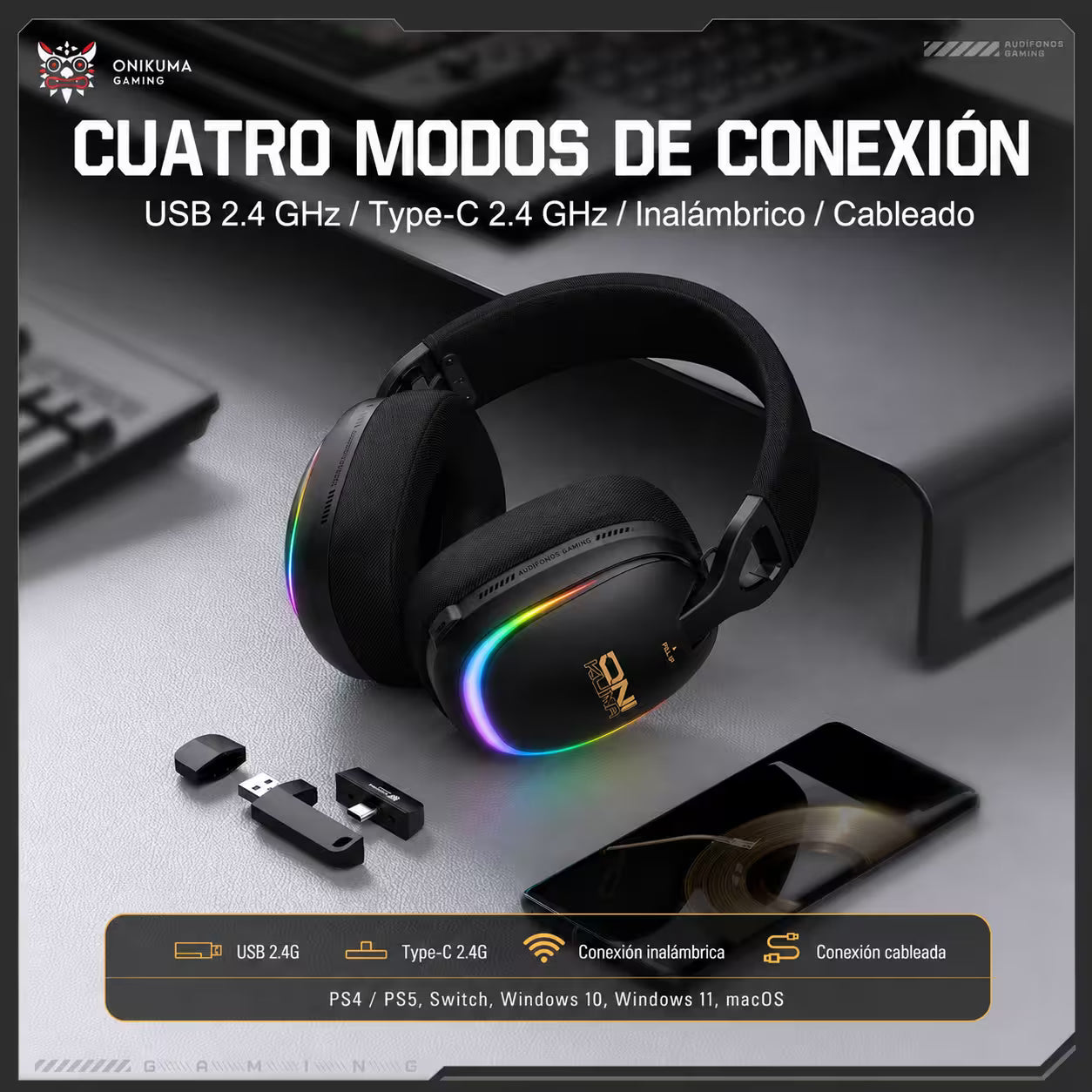 Audífonos Gamer Inalámbricos Onikuma GT805 - vista 5 diadema gamer audífonos
