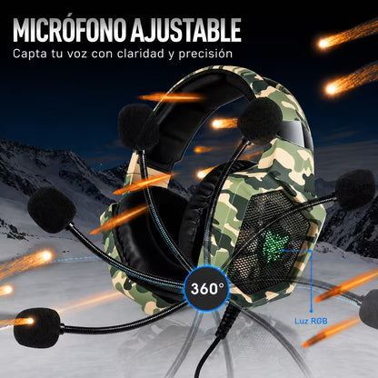 Diadema Gamer ONIKUMA K8 LED RGB Verde Camuflado - Micróf... - vista 3 diadema gamer audífonos