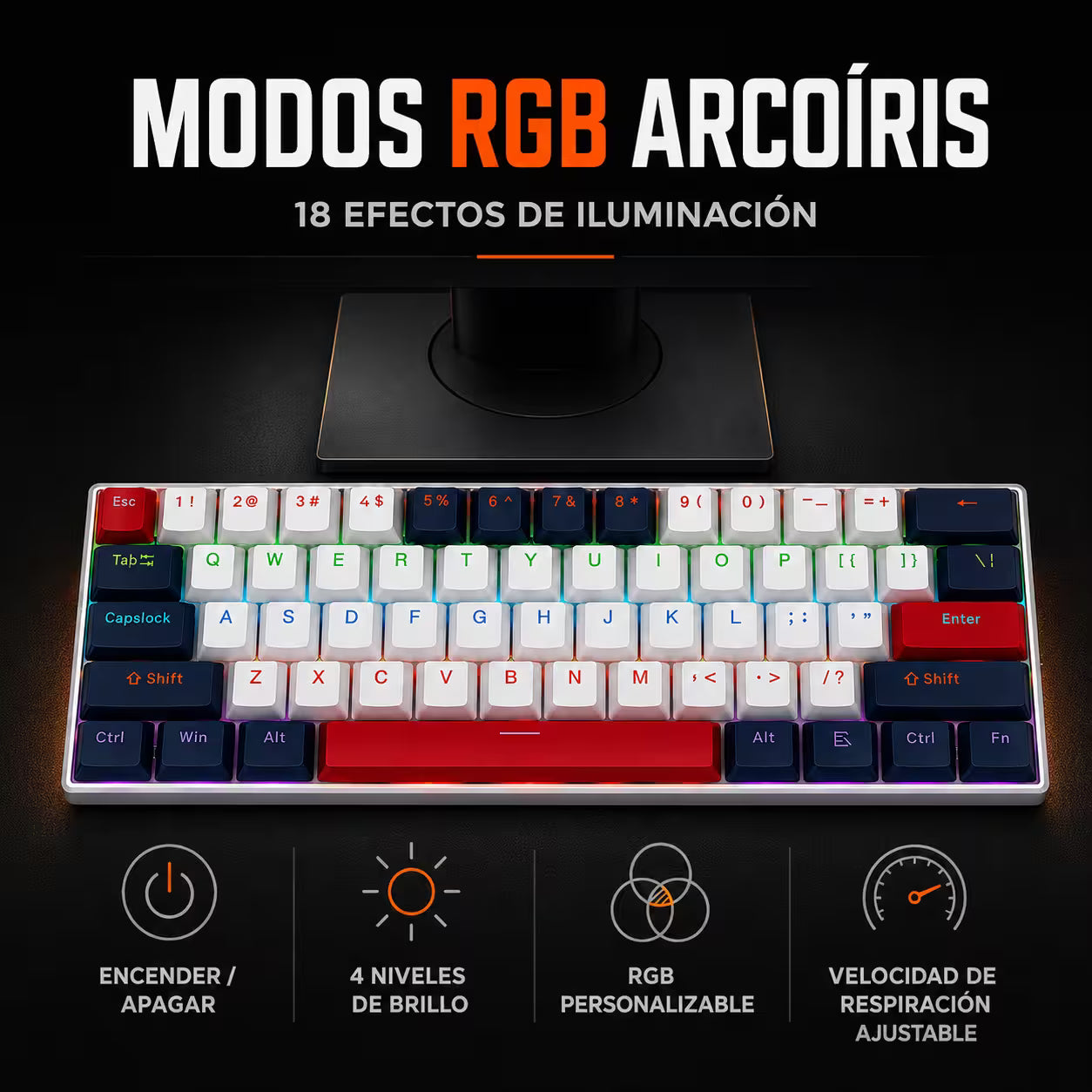 Teclado Mecánico T-Wolf T60 60% – Switch Azul | Keycaps Double-Shot | RGB 18 Efectos | Anti-Ghosting | USB-C Desmontable