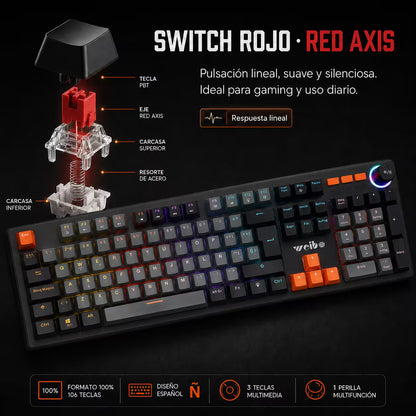 Teclado Mecánico con Cable WB-555 Gris – Switch Rojo | RGB 9 Efectos | 106 Teclas con Ñ | Anti-Ghosting | Perilla Volumen