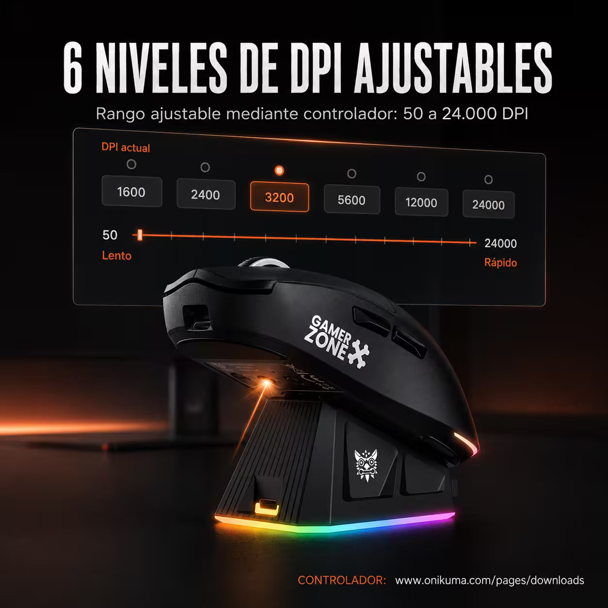 Mouse Gamer Inalámbrico Recargable ONIKUMA DM07 RGB 24000 DPI 1000Hz con Base de Carga
