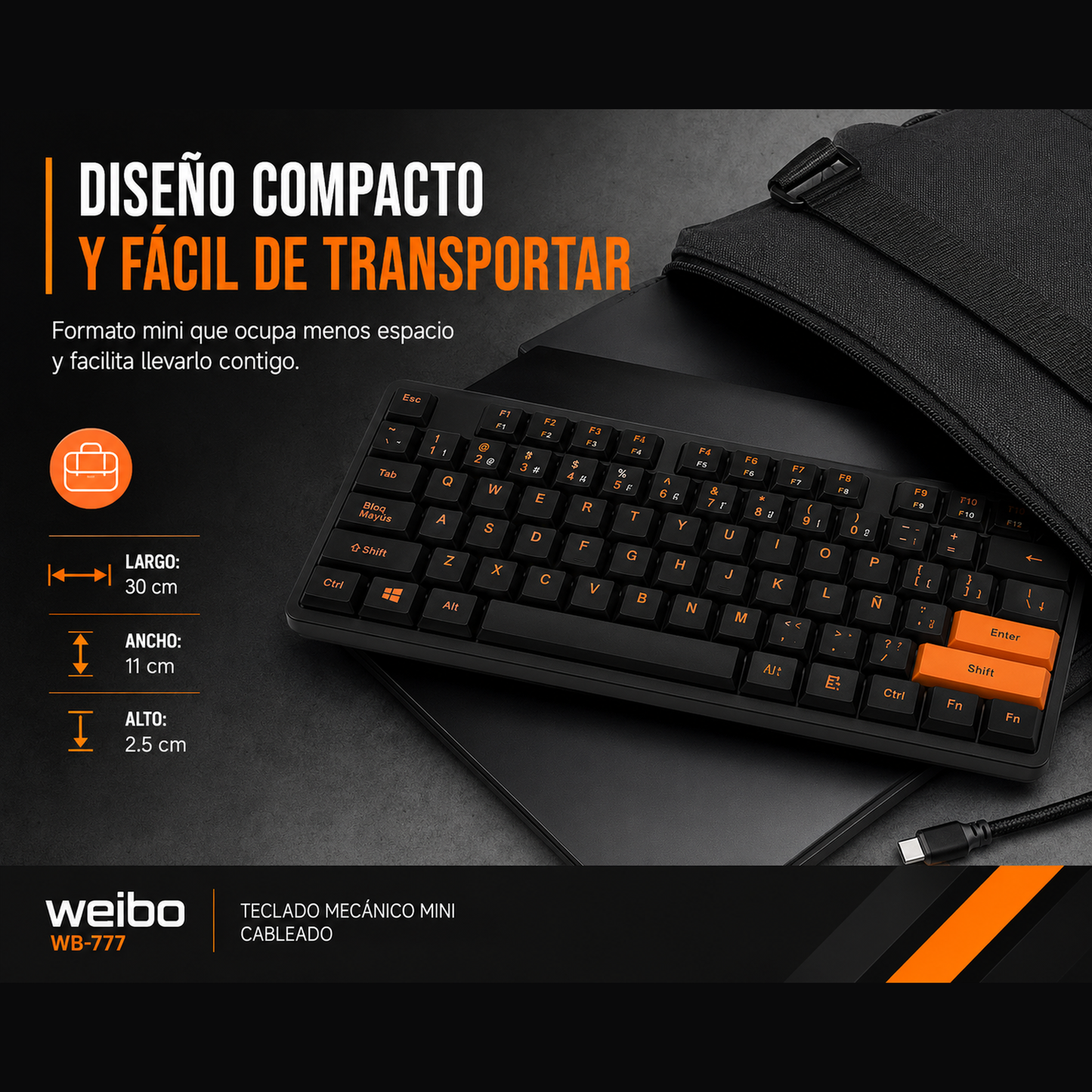 Teclado Mecánico Mini Weibo WB-777 – Switch Rojo | 61 Teclas | Anti-Ghosting | USB-C Desmontable | Sin LED
