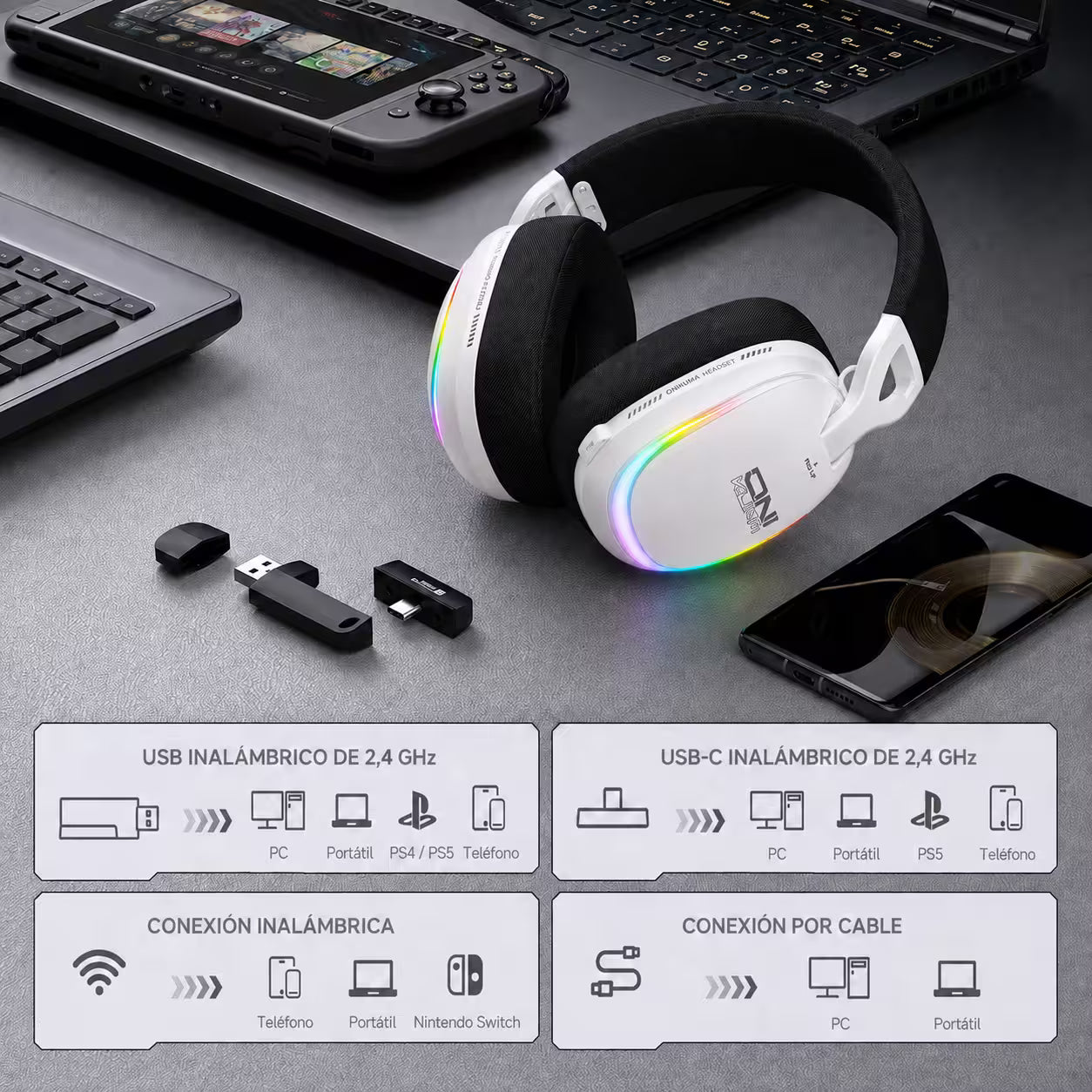 Audífonos Gamer Inalámbricos Onikuma GT805 Blanca| 4 en 1 | Mic Oculto ENC | 60H Batería | PS5, PC, Switch, Móvil