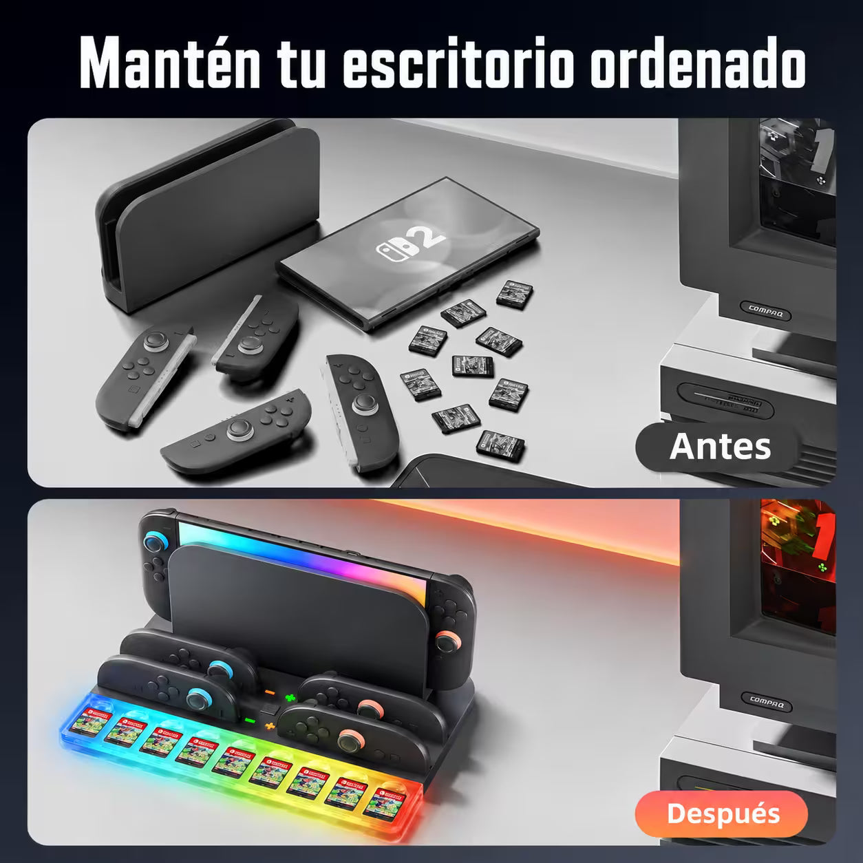 Base de Carga y Almacenamiento All-in-One Nintendo Switch 2 – RGB 7 Modos | 4 Joy-Con | 9 Tarjetas | USB
