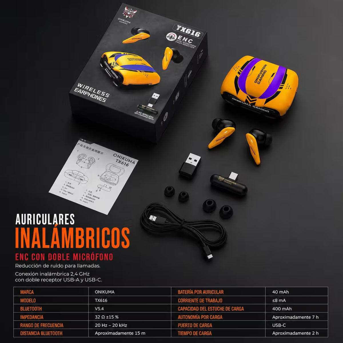 Audífonos Gamer ONIKUMA TX616 Bluetooth 5.4 + 2.4GHz con ENC y Estuche de Carga