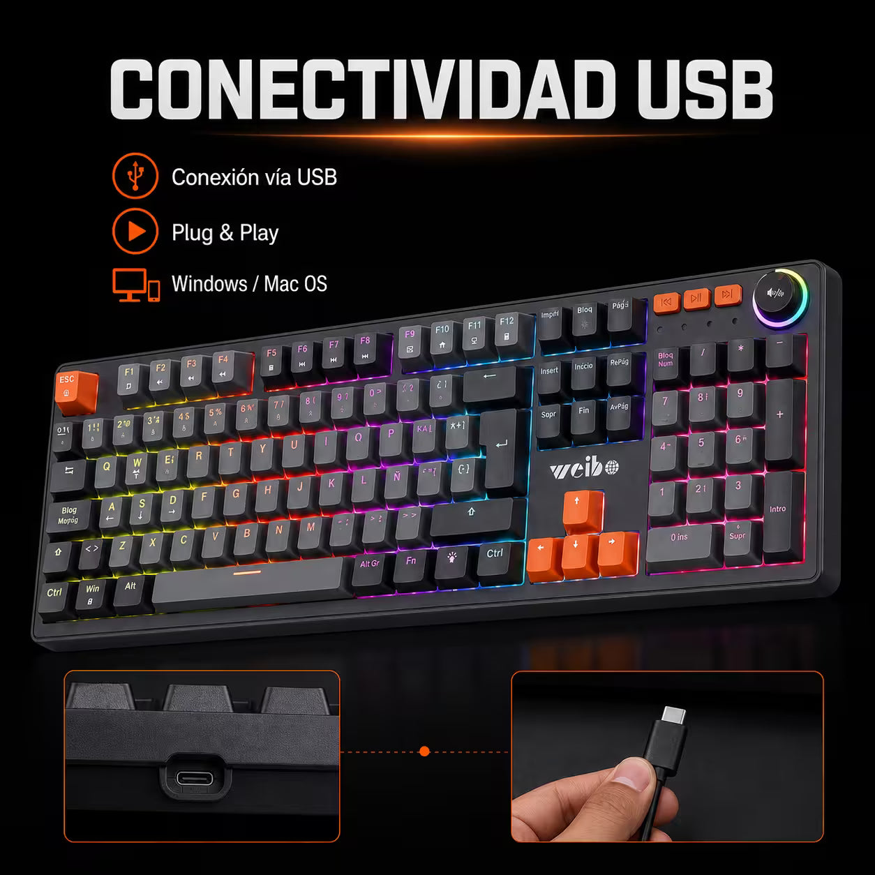 Teclado Mecánico con Cable WB-555 Gris – Switch Rojo | RGB 9 Efectos | 106 Teclas con Ñ | Anti-Ghosting | Perilla Volumen