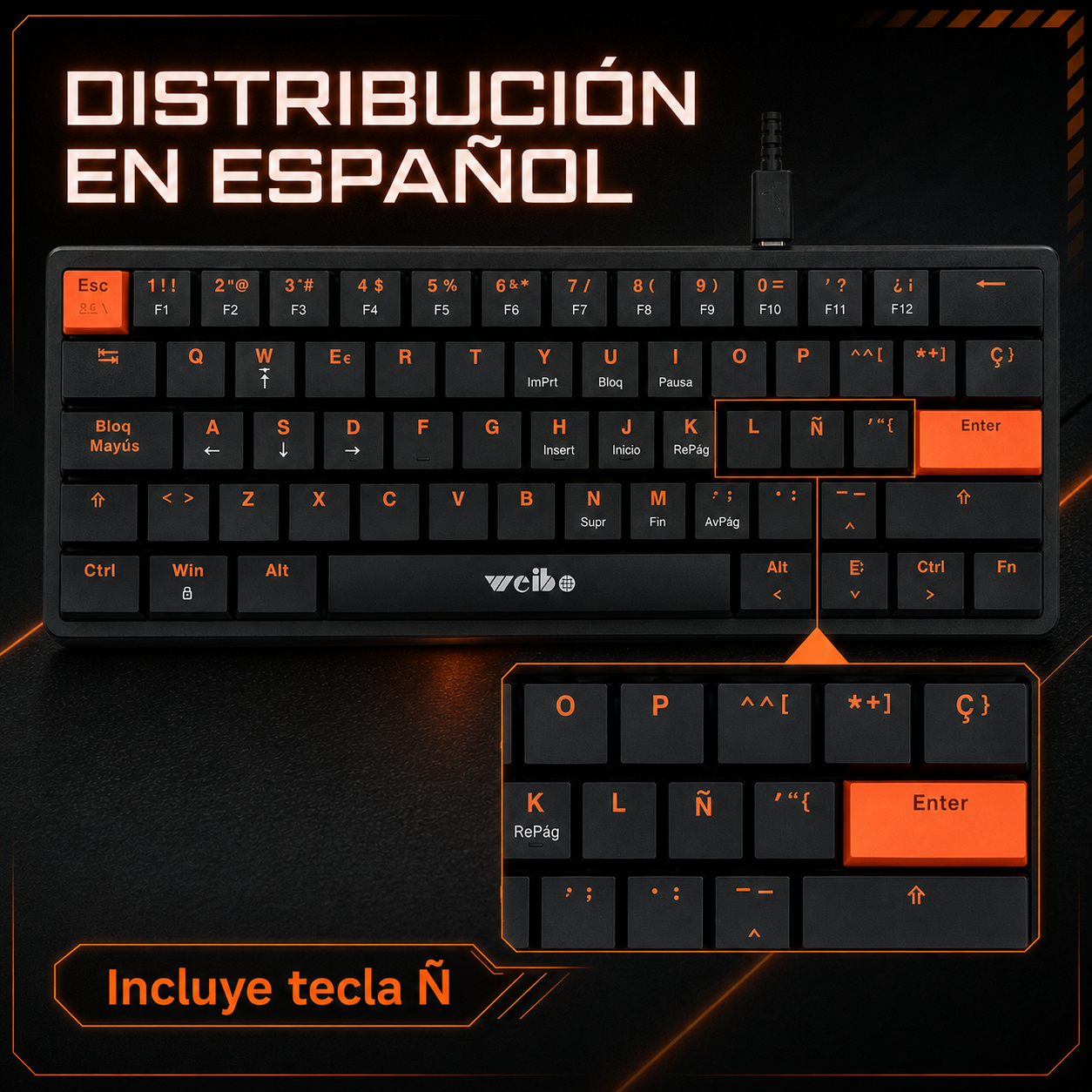 Teclado Mecánico Mini Weibo WB-777 – Switch Rojo | 61 Teclas | Anti-Ghosting | USB-C Desmontable | Sin LED