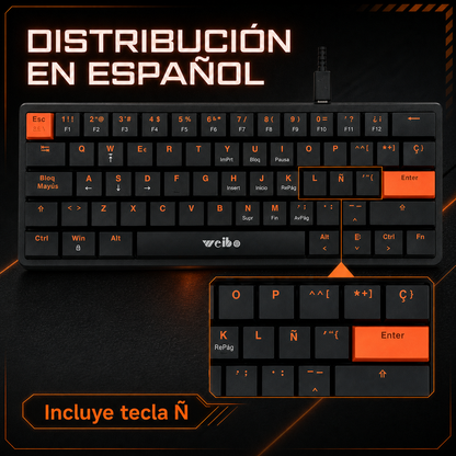 Teclado Mecánico Mini Weibo WB-777 – Switch Rojo | 61 Teclas | Anti-Ghosting | USB-C Desmontable | Sin LED