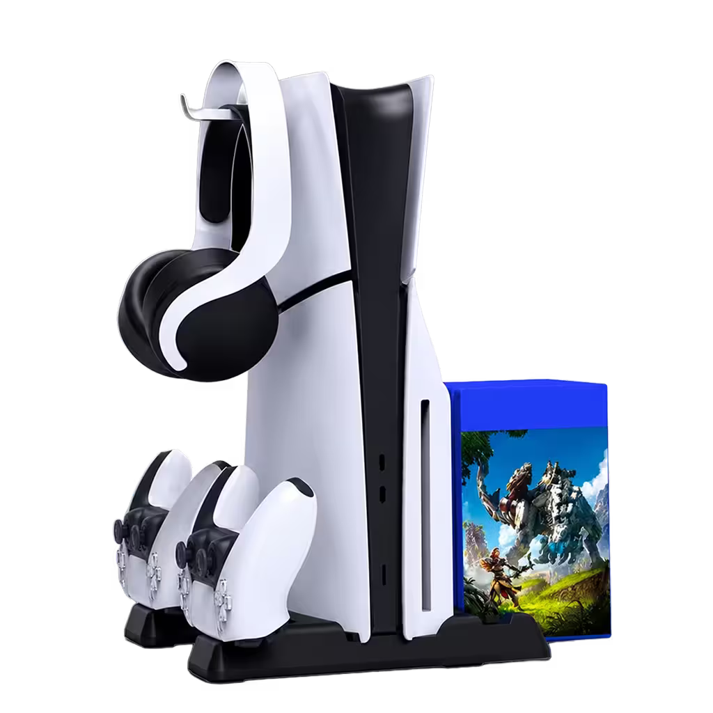 Base de Carga Dual y Ventilación Multifuncional PS5 DOBE - 11 Discos + Ganchos Auriculares | PS5 Slim Pro