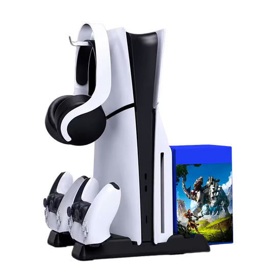 Base de Carga Dual y Ventilación Multifuncional PS5 DOBE - 11 Discos + Ganchos Auriculares | PS5 Slim Pro