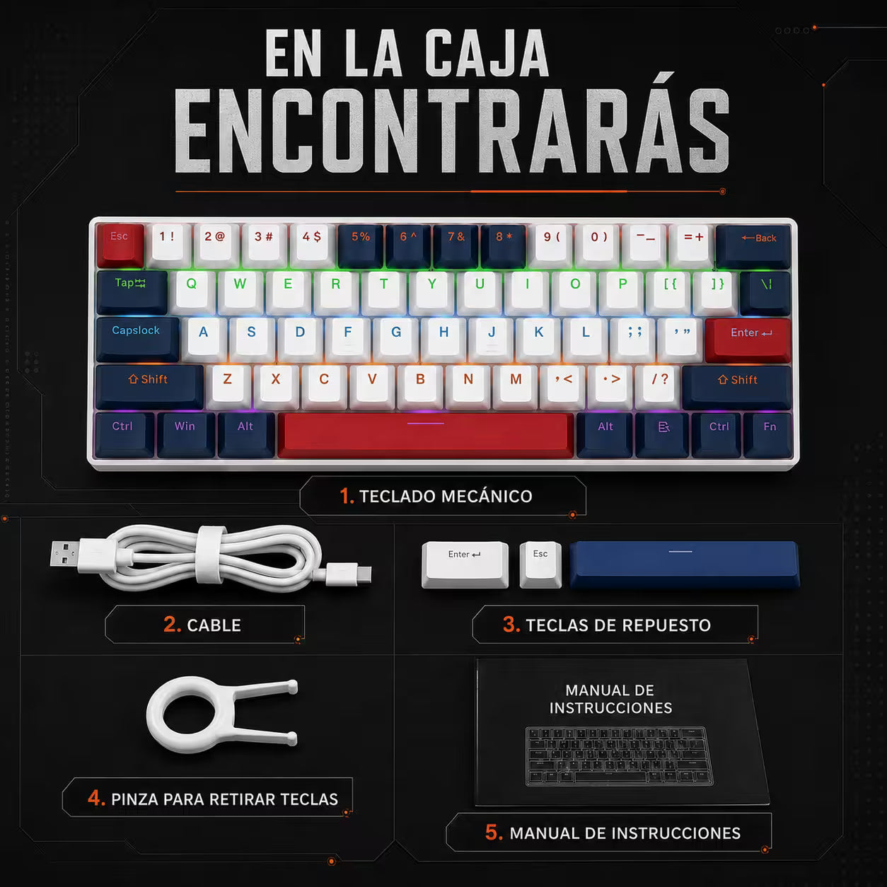 Teclado Mecánico T-Wolf T60 60% – Switch Azul | Keycaps Double-Shot | RGB 18 Efectos | Anti-Ghosting | USB-C Desmontable