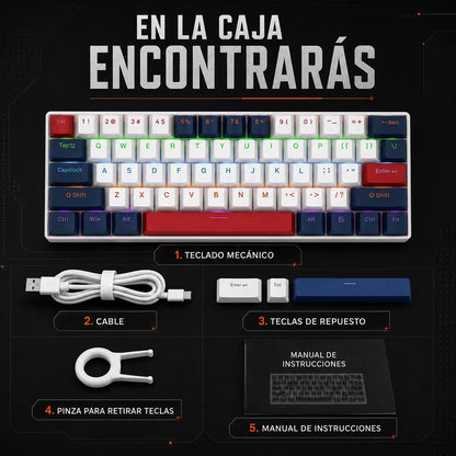 Teclado Mecánico T-Wolf T60 60% – Switch Azul | Keycaps Double-Shot | RGB 18 Efectos | Anti-Ghosting | USB-C Desmontable