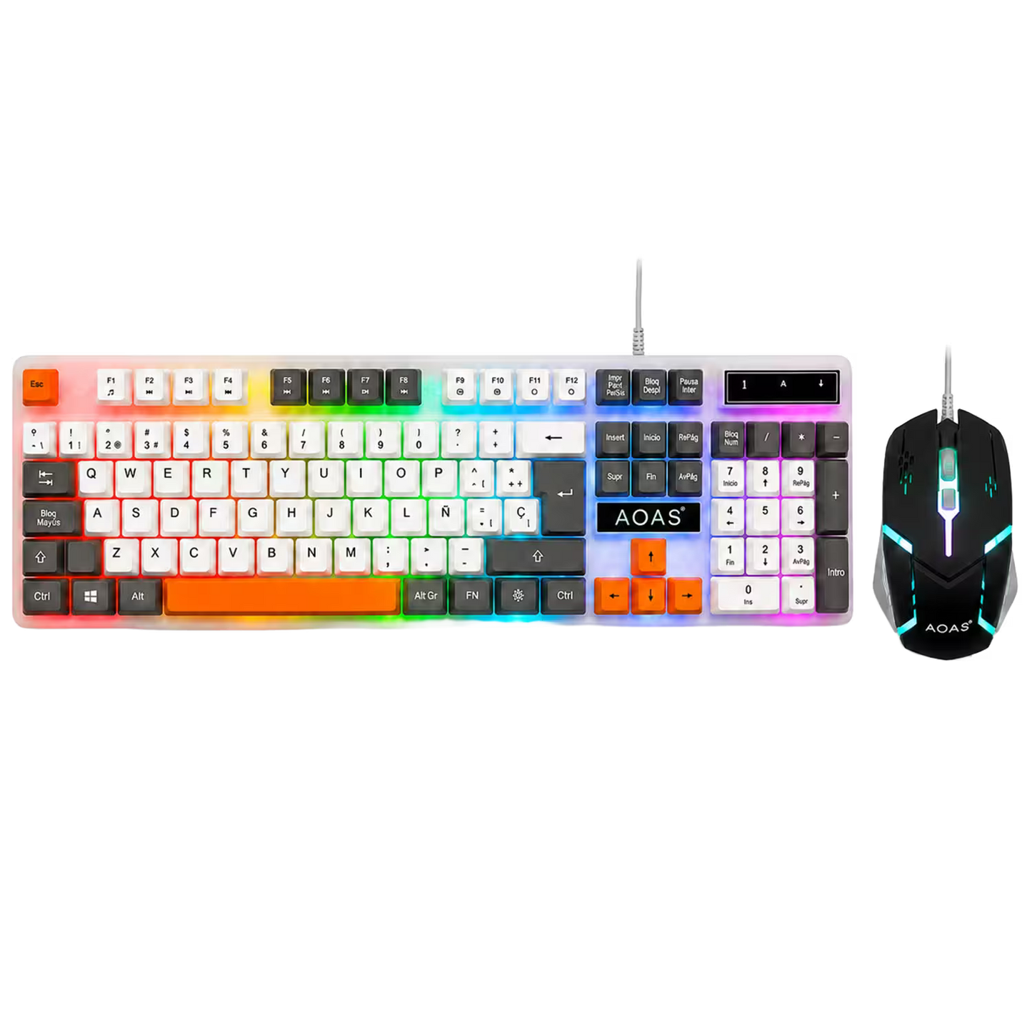 Combo Teclado y Mouse Gamer RGB AOAS A-1020 Blanco USB – 104 Teclas con Ñ | DPI 800/1200/1600