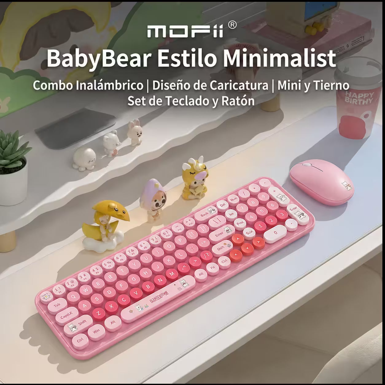 Combo Teclado y Mouse Inalámbrico Baby Bear - Rosado | 100 Teclas Redondas Retro Multicolor | 10m | 2.4G