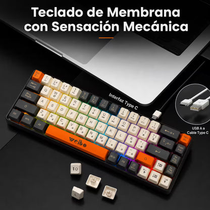 Teclado Membrana Compacto Weibo WB-333 – 68 Teclas | 18 Modos Luz Multicolor | USB-C Desmontable | Español con Ñ