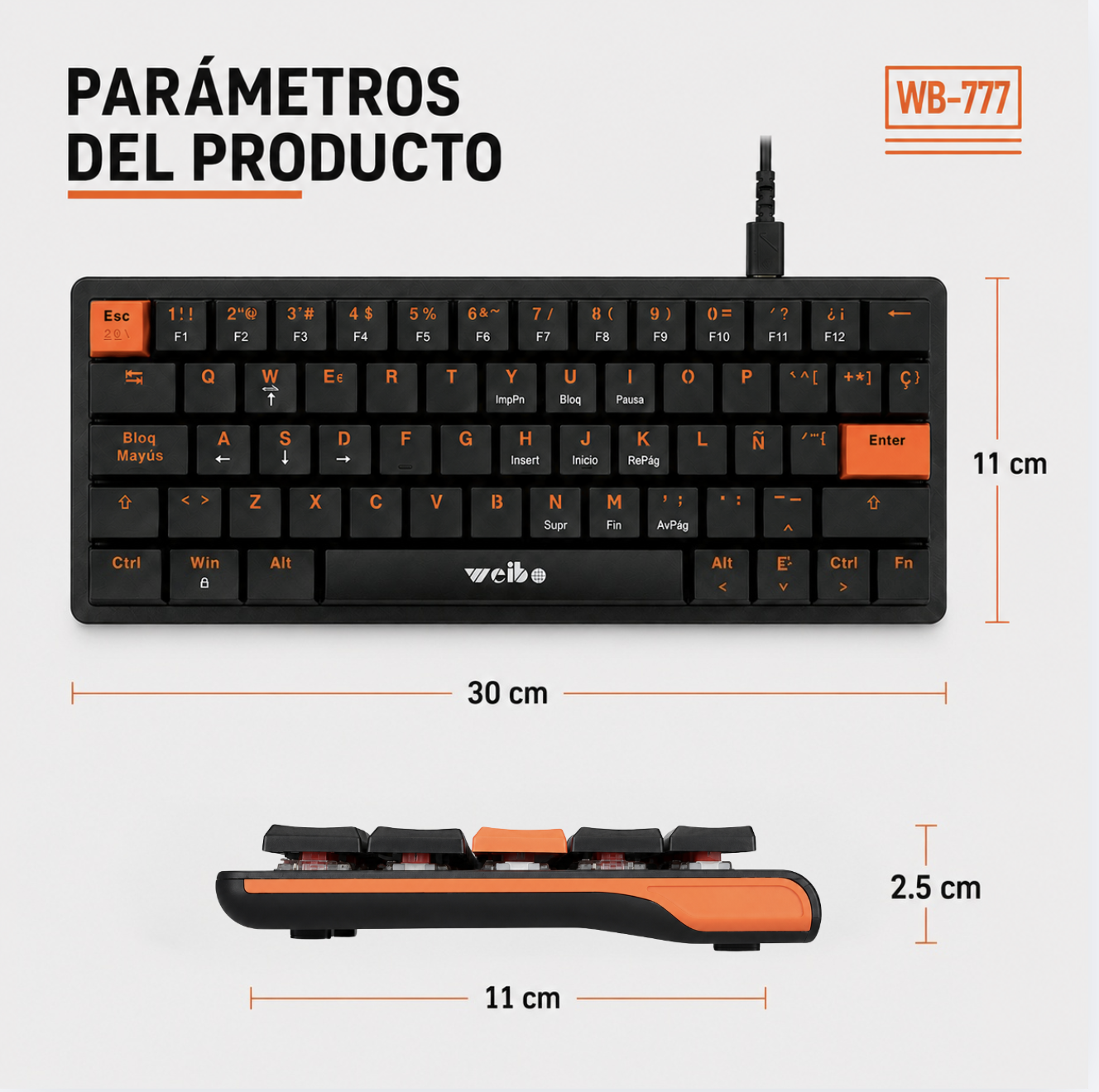 Teclado Mecánico Mini Weibo WB-777 – Switch Rojo | 61 Teclas | Anti-Ghosting | USB-C Desmontable | Sin LED