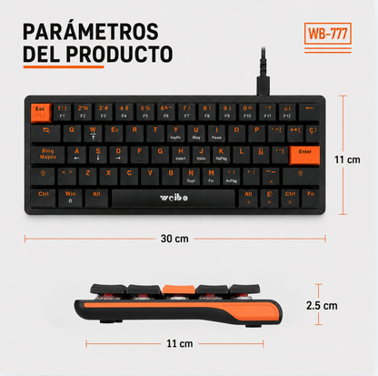 Teclado Mecánico Mini Weibo WB-777 – Switch Rojo | 61 Teclas | Anti-Ghosting | USB-C Desmontable | Sin LED