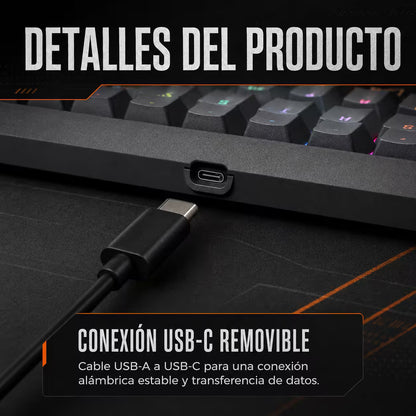 Teclado Mecánico con Cable WB-555 Gris – Switch Rojo | RGB 9 Efectos | 106 Teclas con Ñ | Anti-Ghosting | Perilla Volumen