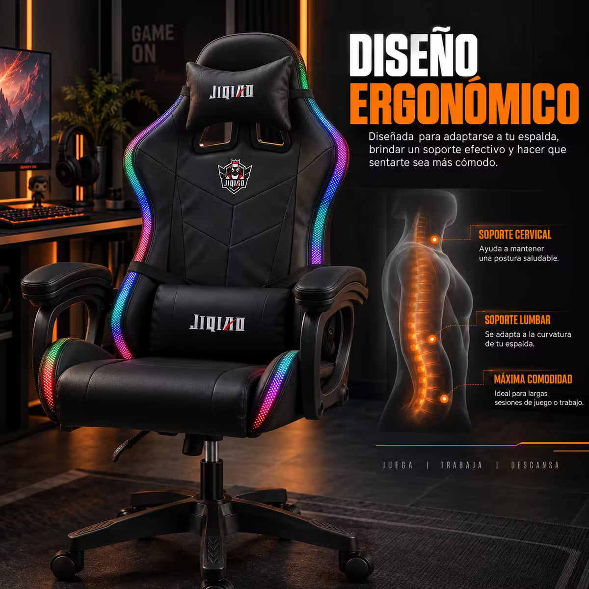 Silla Gamer JIQIAO Reclinable RGB – Iluminación LED Perimetral | Control Remoto 24 Botones | Reclinable 90–135° | Reposabrazos Articulados | Altura Ajustable