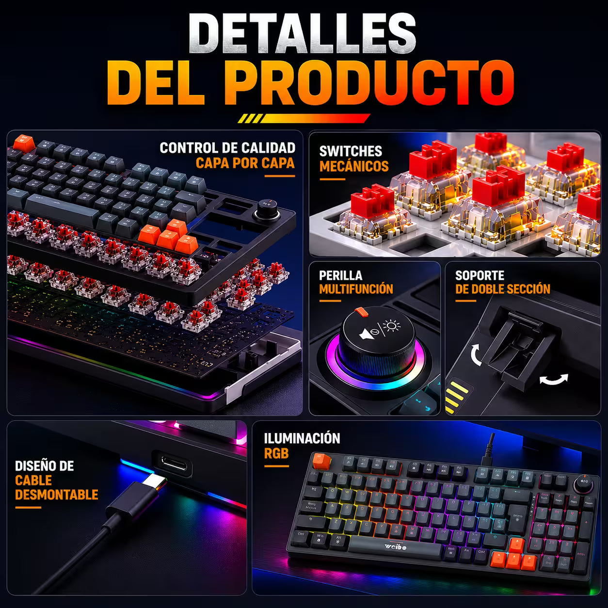 Teclado Mecánico Weibo WB-666 Gris - vista 2 teclado gamer