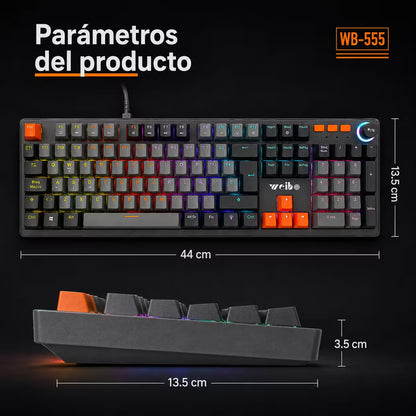 Teclado Mecánico con Cable WB-555 Gris – Switch Rojo | RGB 9 Efectos | 106 Teclas con Ñ | Anti-Ghosting | Perilla Volumen