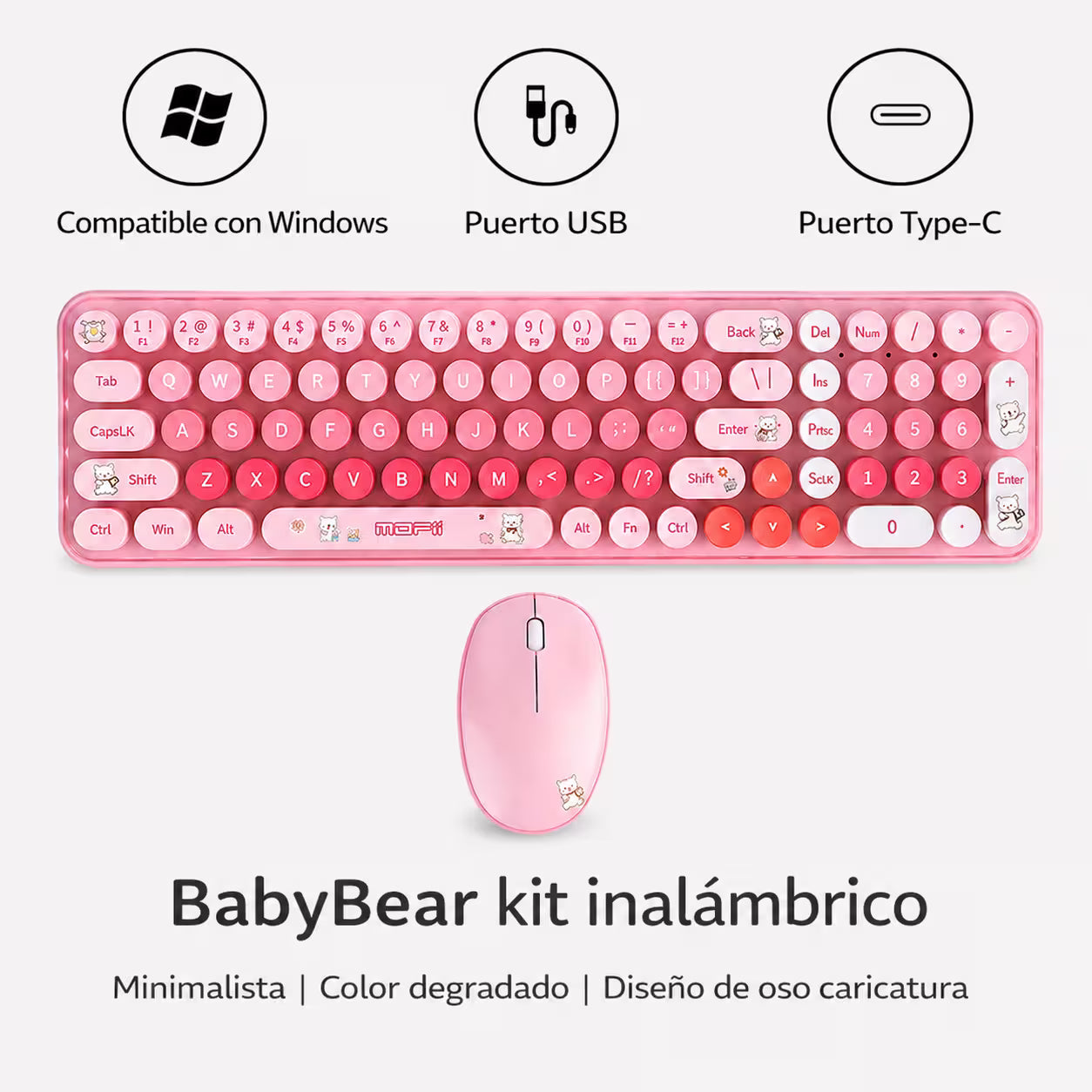 Combo Teclado y Mouse Inalámbrico Baby Bear - Rosado | 100 Teclas Redondas Retro Multicolor | 10m | 2.4G