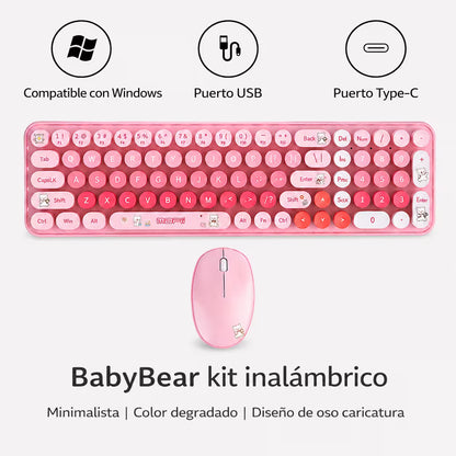 Combo Teclado y Mouse Inalámbrico Baby Bear - Rosado | 100 Teclas Redondas Retro Multicolor | 10m | 2.4G