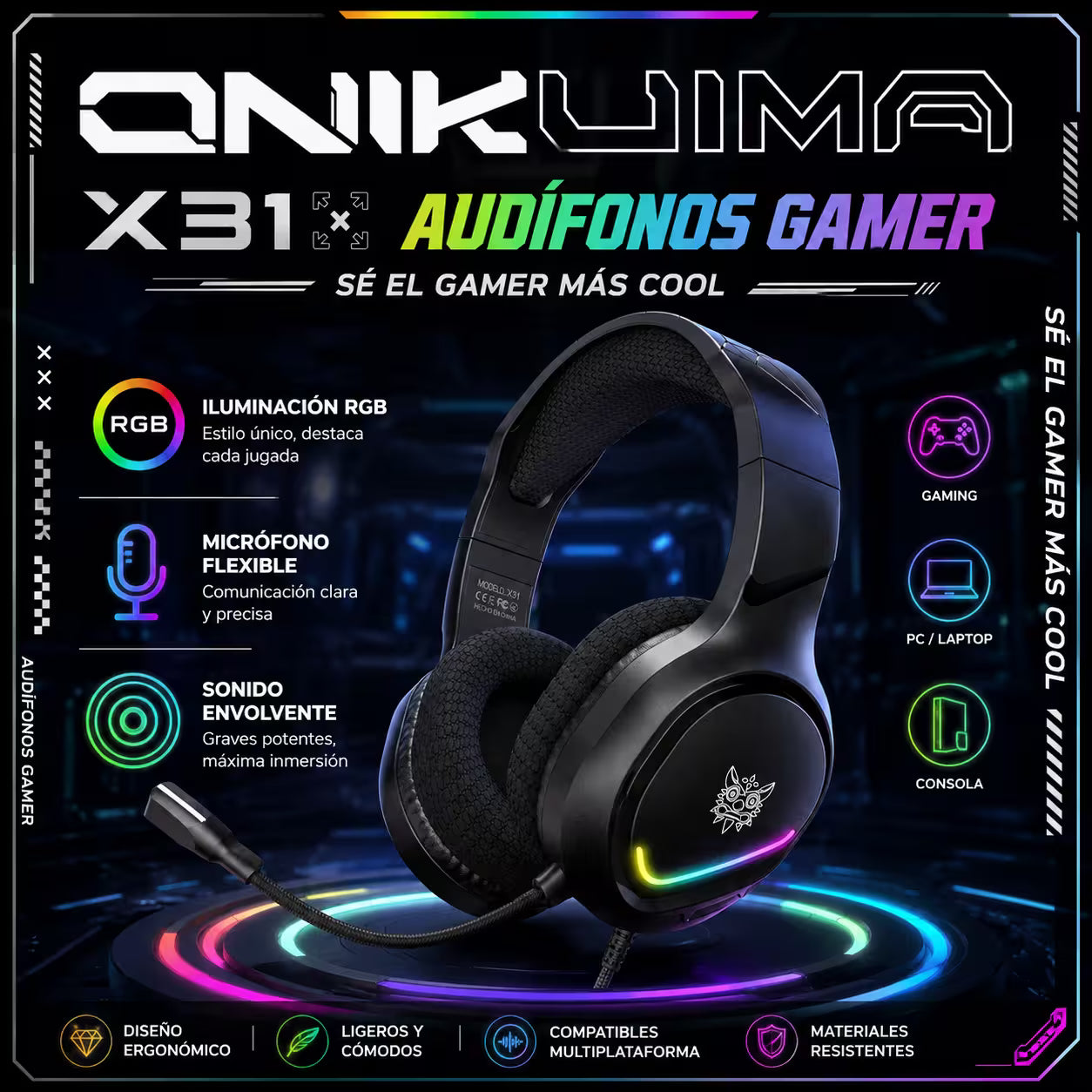 Diadema Gamer ONIKUMA X31 RGB Negra – Drivers 50mm | Mic Flexible 360° | Cable 2.1m