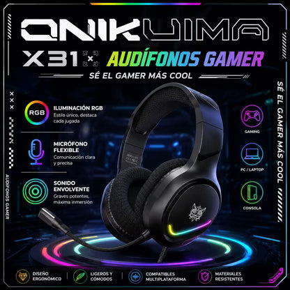Diadema Gamer ONIKUMA X31 RGB Negra – Drivers 50mm | Mic Flexible 360° | Cable 2.1m