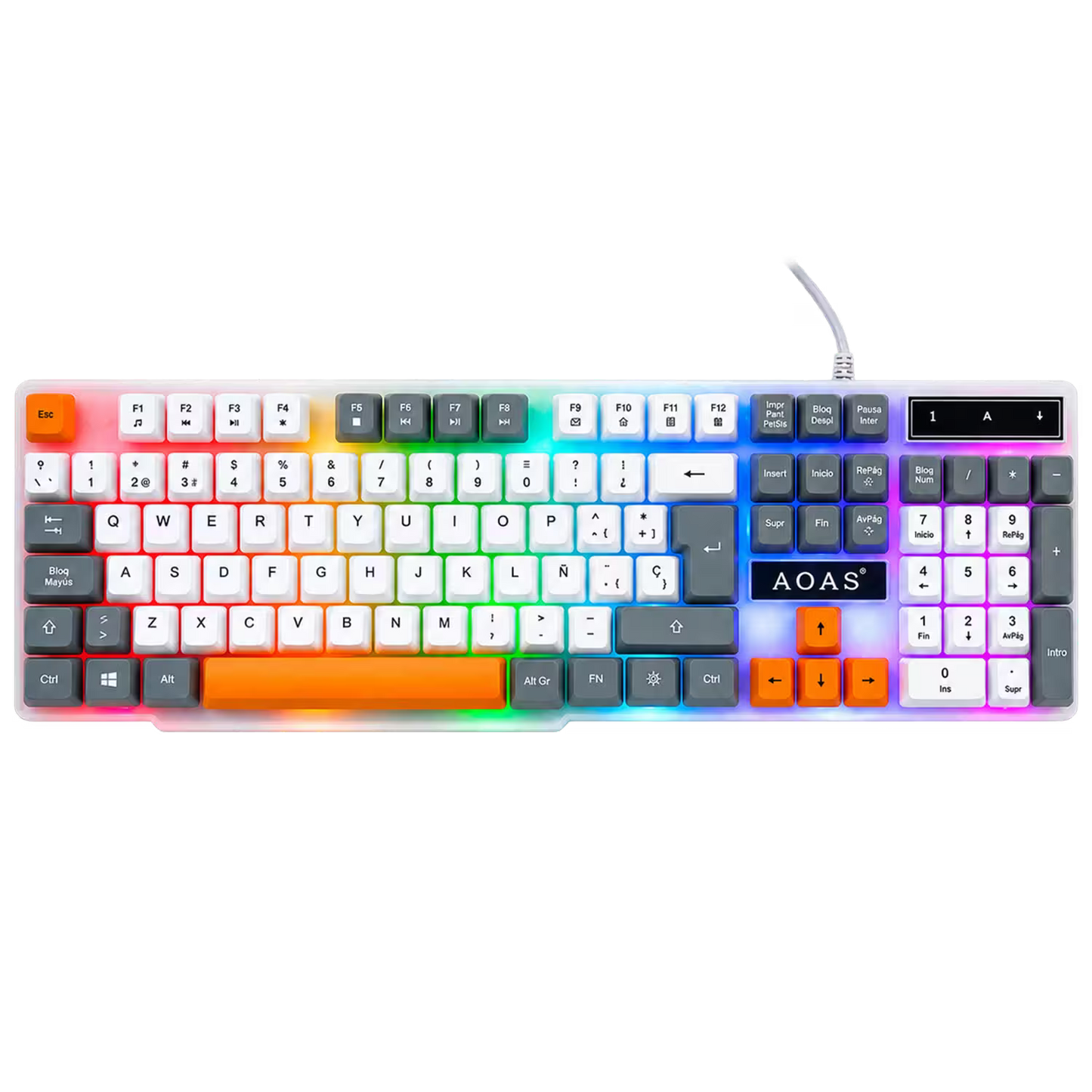 Combo Teclado y Mouse Gamer RGB AOAS A-1020 Blanco USB – 104 Teclas con Ñ | DPI 800/1200/1600