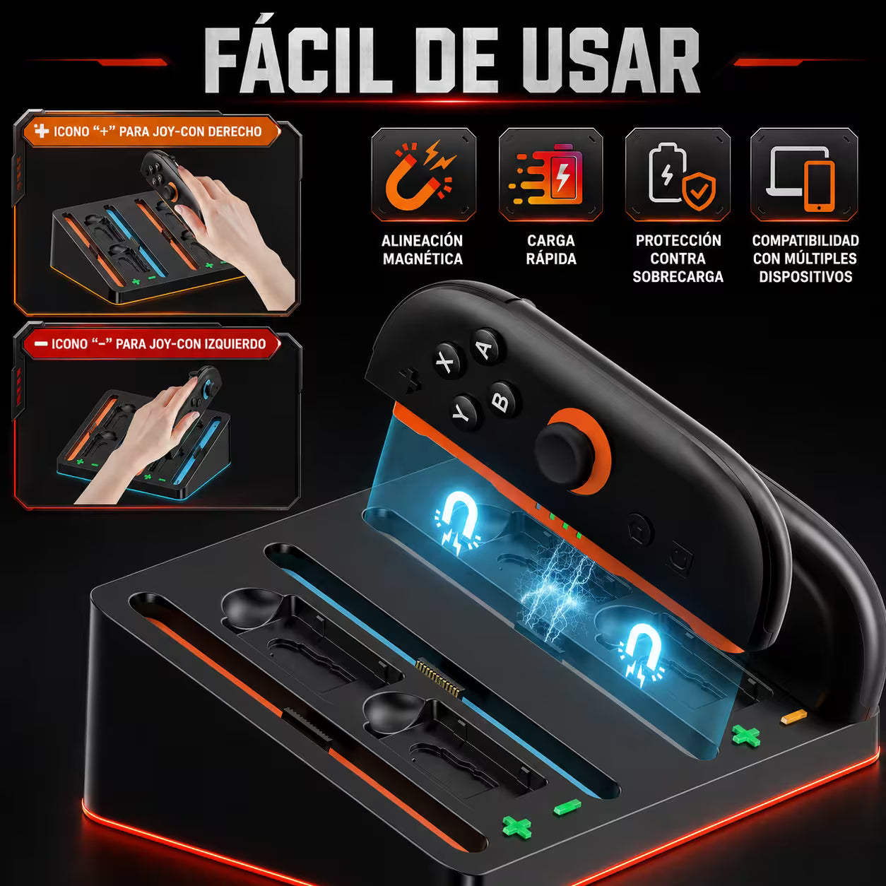 Base de Carga Joy-Con Nintendo Switch 2 – 4 Mandos Simultáneos | LED Bicolor | USB-C | Slot Tarjeta