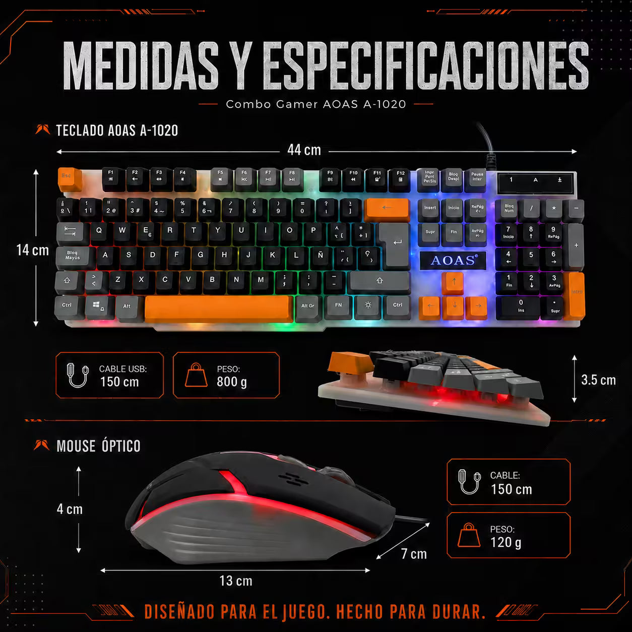 Combo Teclado y Mouse Gamer RGB AOAS A-1020 Negro USB – 104 Teclas con Ñ | DPI 800/1200/1600