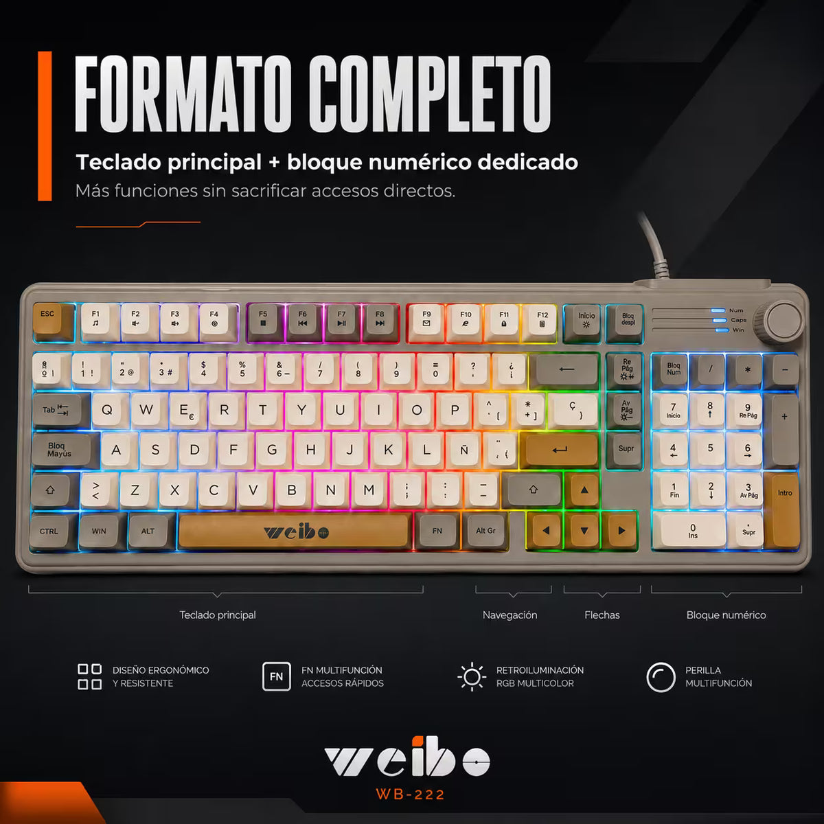Teclado Gamer de Membrana Weibo WB-222 Retro - Teclas Redondas RGB Multicolor | Perilla Encoder | Cable USB