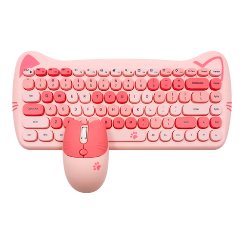 Combo Teclado Mouse GEEZER Gato Rosado - Compacto 2.4G 1600 DPI Silencioso Pilas