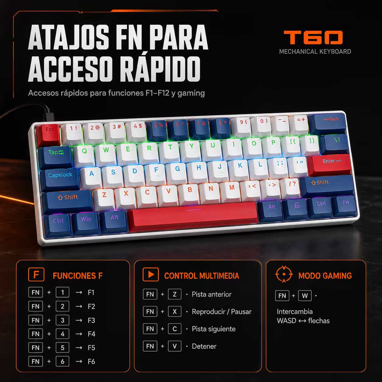 Teclado Mecánico T-Wolf T60 60% – Switch Azul | Keycaps Double-Shot | RGB 18 Efectos | Anti-Ghosting | USB-C Desmontable
