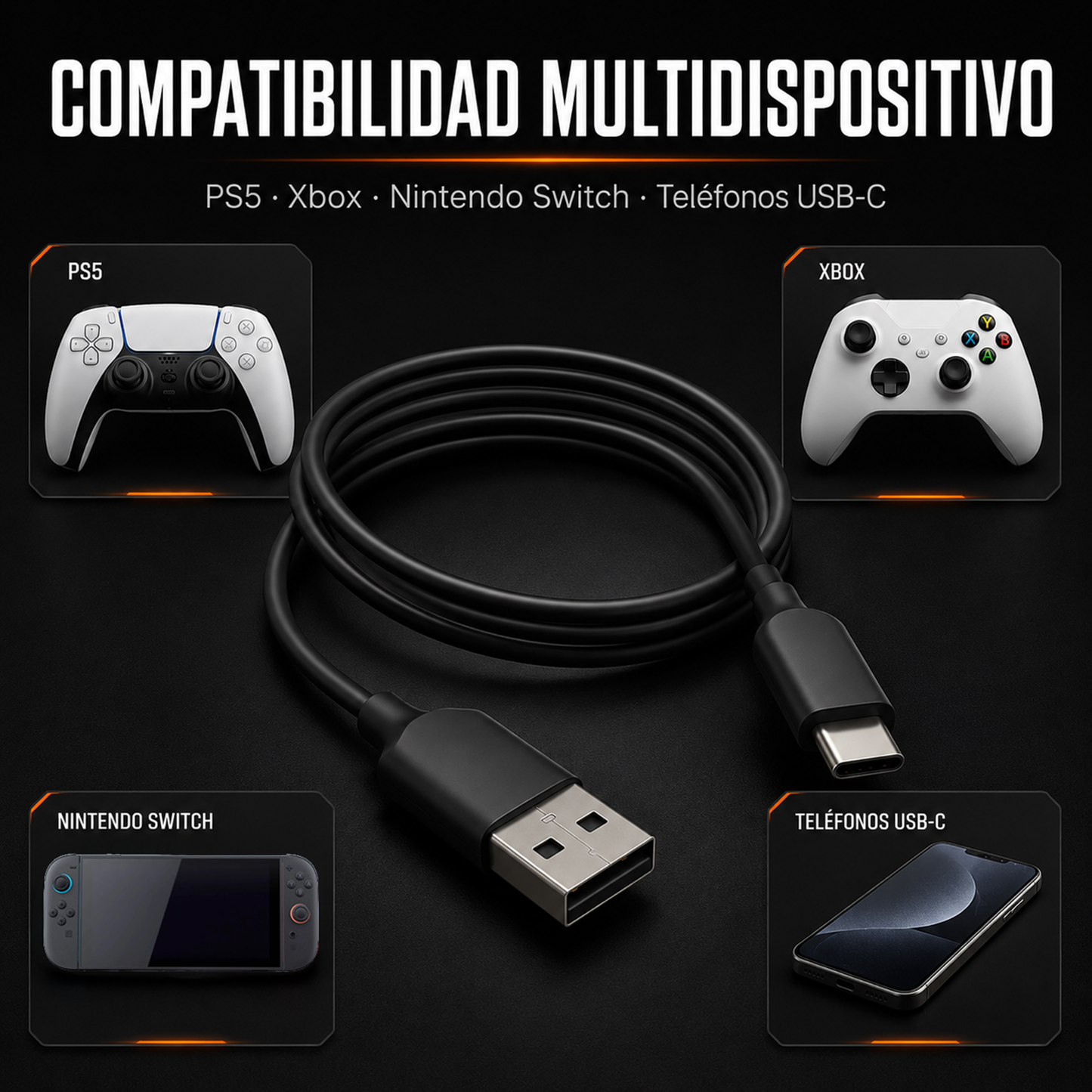 Cable USB-A a USB-C DOBE 2m – Carga + Datos | PS5 | Xbox Series X/S | Nintendo Switch | Móviles