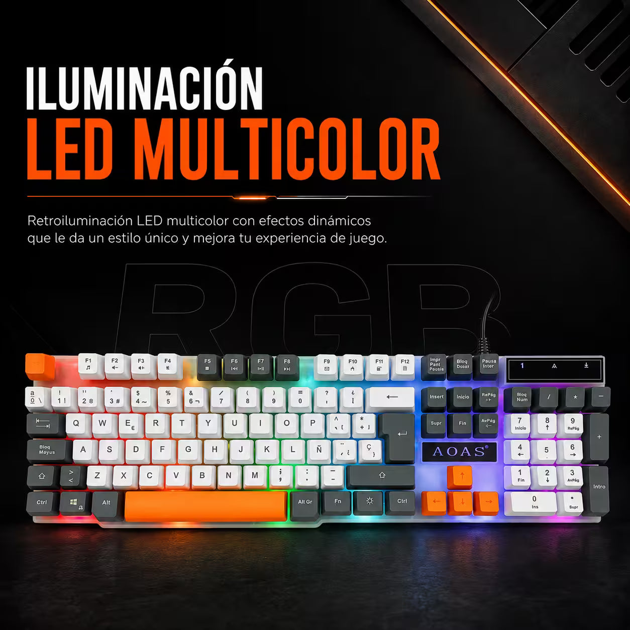 Combo Teclado y Mouse Gamer RGB AOAS A-1020 Blanco USB – 104 Teclas con Ñ | DPI 800/1200/1600