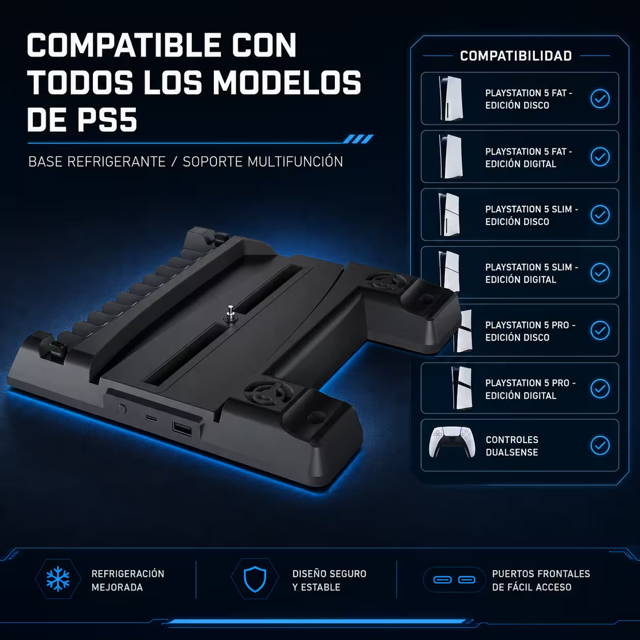 Base de Carga Dual y Ventilación Multifuncional PS5 DOBE - 11 Discos + Ganchos Auriculares | PS5 Slim Pro
