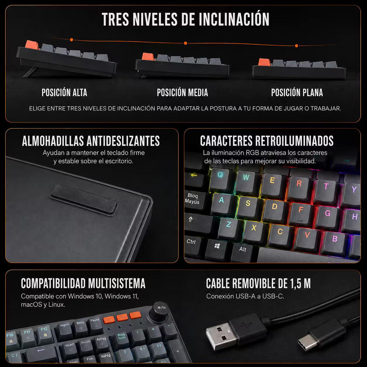 Teclado Mecánico con Cable WB-555 Gris – Switch Rojo | RGB 9 Efectos | 106 Teclas con Ñ | Anti-Ghosting | Perilla Volumen