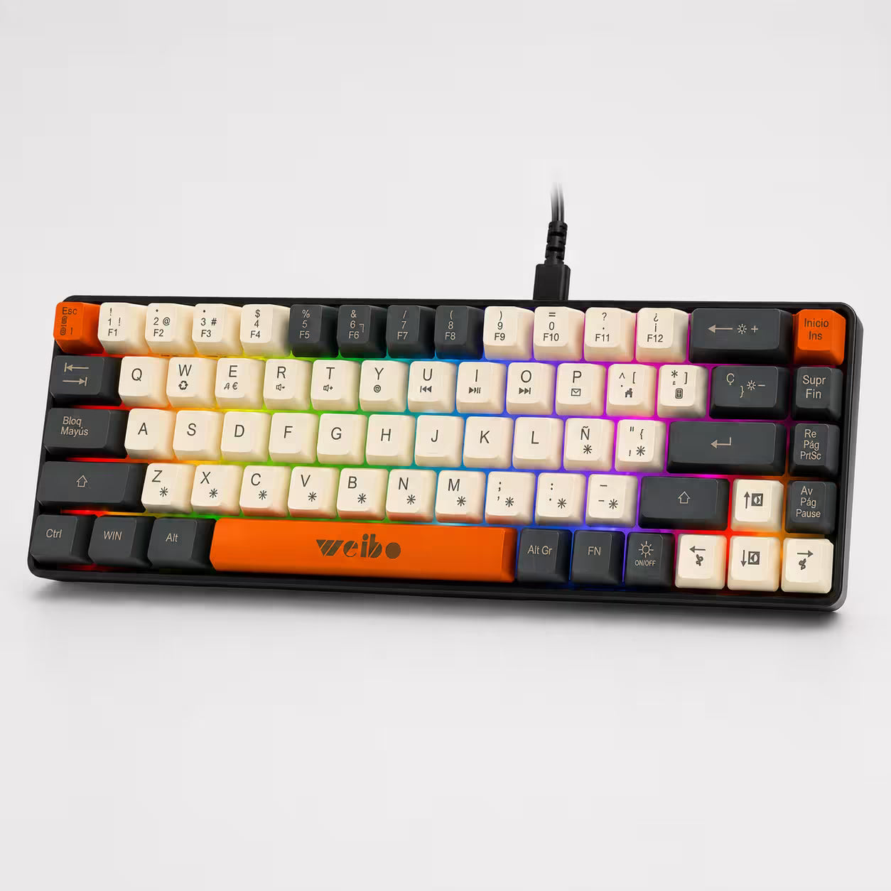 Teclado Membrana Compacto Weibo WB-333 – 68 Teclas | 18 Modos Luz Multicolor | USB-C Desmontable | Español con Ñ