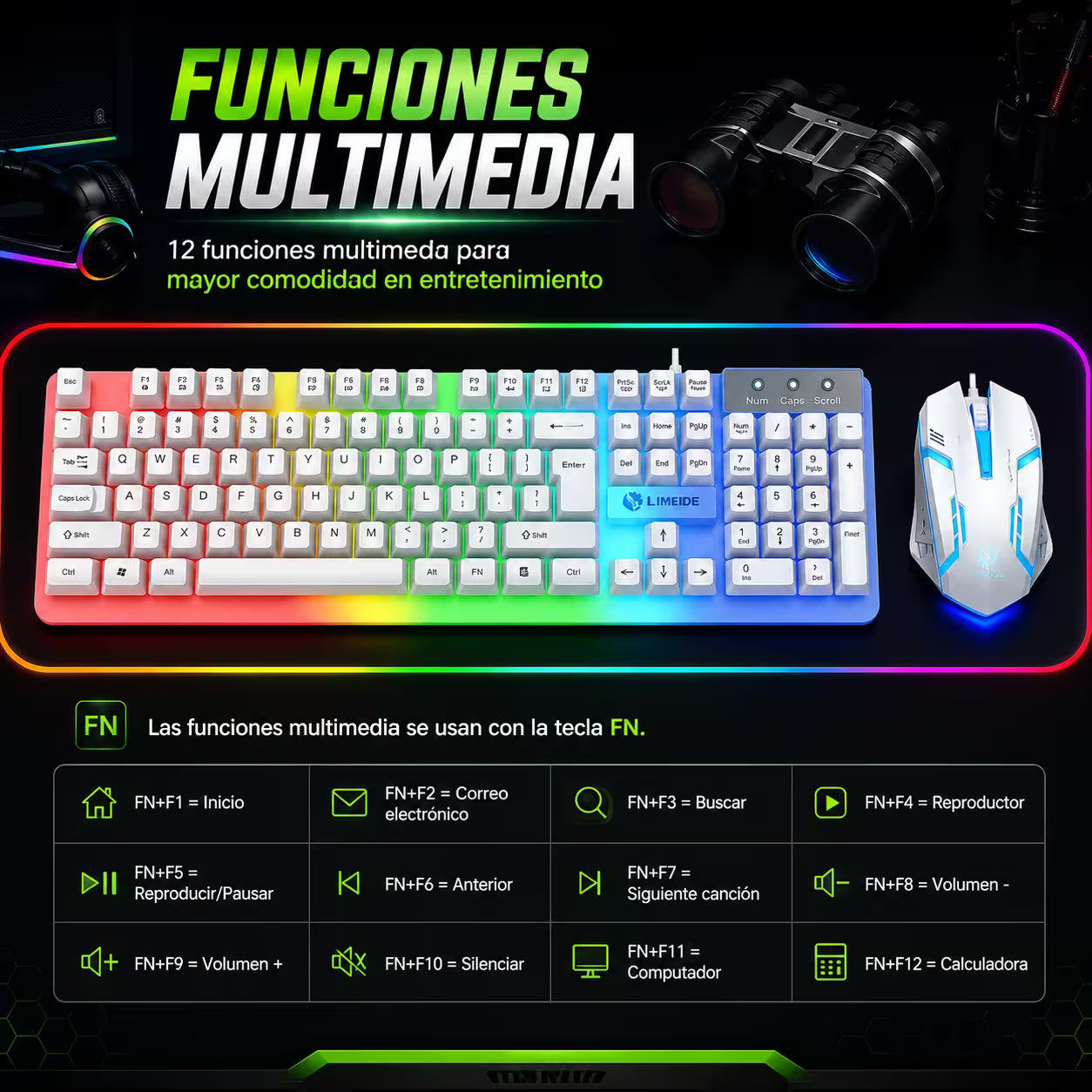 Combo Teclado y Mouse Gamer AOAS M-400 - Blanco | 104 Teclas RGB 1600 DPI USB