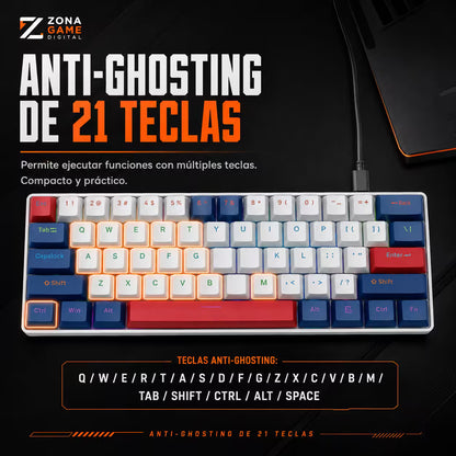 Teclado Mecánico T-Wolf T60 60% – Switch Azul | Keycaps Double-Shot | RGB 18 Efectos | Anti-Ghosting | USB-C Desmontable
