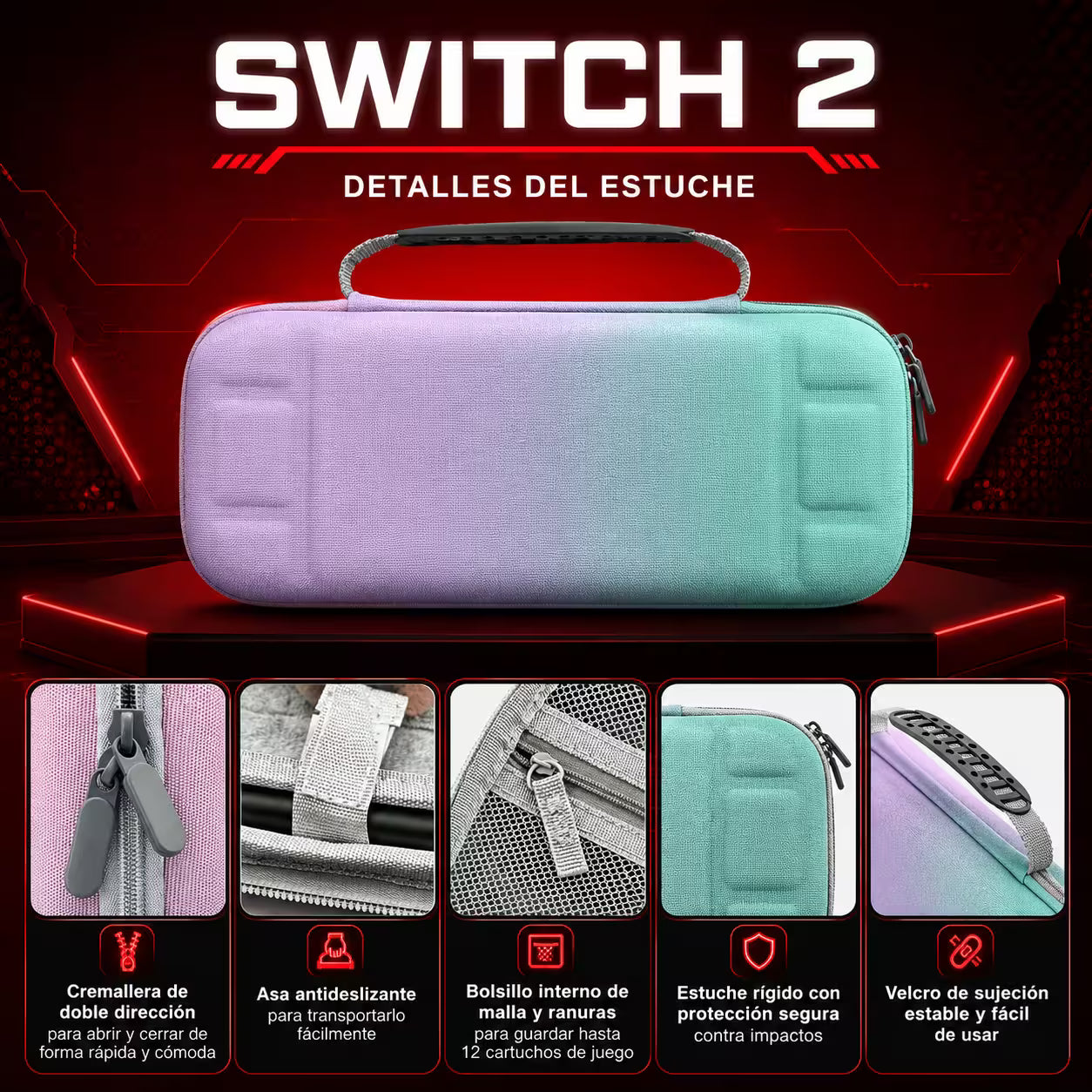 Estuche de Transporte Nintendo Switch 2 | Semirrígido Degradado Lila y Menta