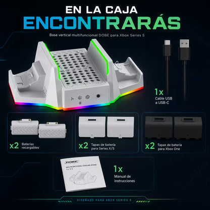 Base Vertical Multifuncional DOBE para Xbox Series S — RGB, Carga Dual y Refrigeración
