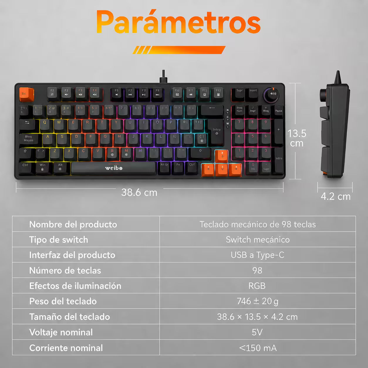 Teclado Mecánico Weibo WB-666 Gris - vista 8 teclado gamer