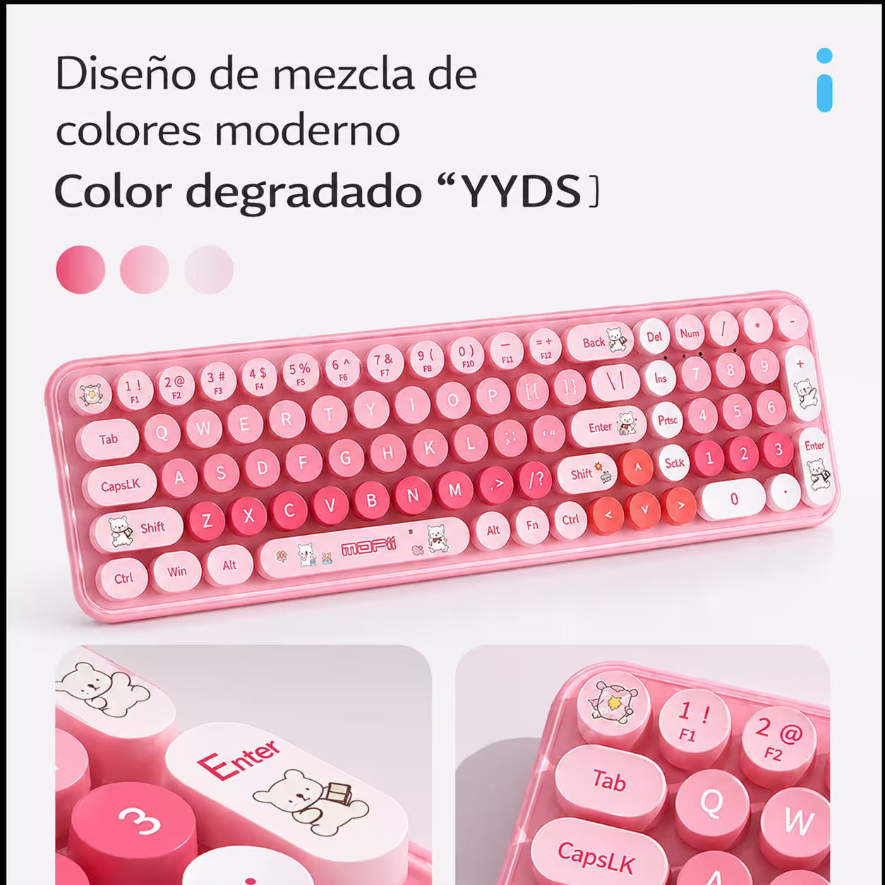 Combo Teclado y Mouse Inalámbrico Baby Bear - Rosado | 100 Teclas Redondas Retro Multicolor | 10m | 2.4G