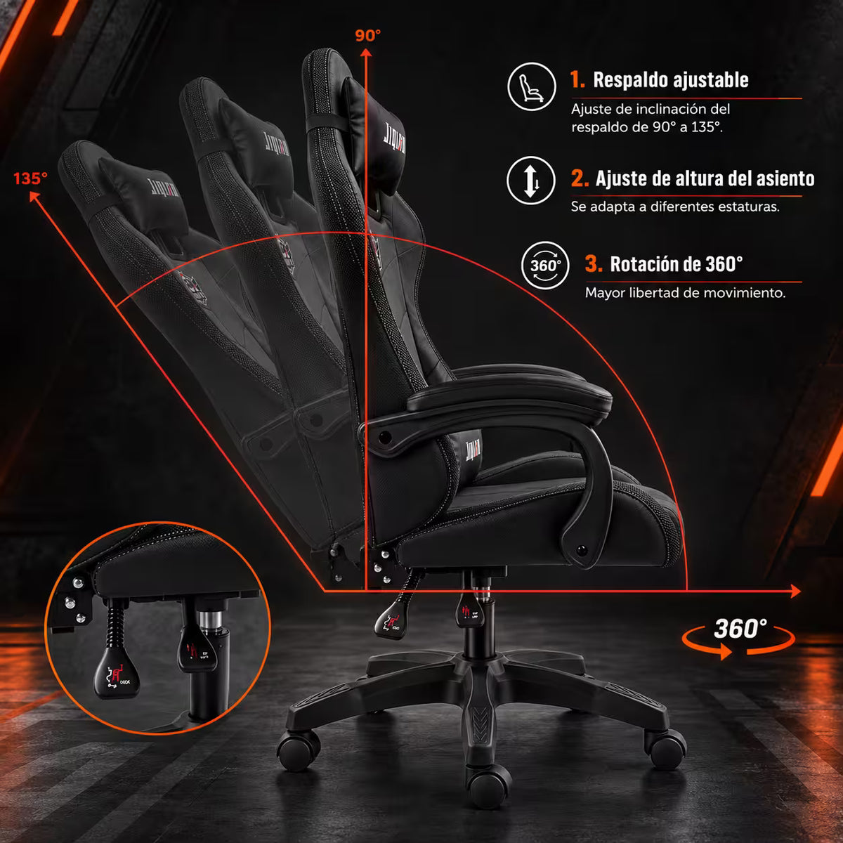 Silla Gamer JIQIAO Reclinable RGB – Iluminación LED Perimetral | Control Remoto 24 Botones | Reclinable 90–135° | Reposabrazos Articulados | Altura Ajustable