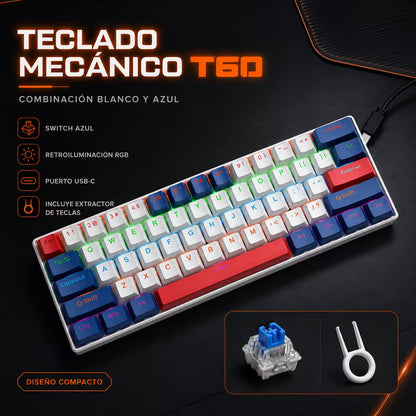 Teclado Mecánico T-Wolf T60 60% – Switch Azul | Keycaps Double-Shot | RGB 18 Efectos | Anti-Ghosting | USB-C Desmontable