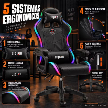 Silla Gamer JIQIAO Reclinable RGB – Iluminación LED Perimetral | Control Remoto 24 Botones | Reclinable 90–135° | Reposabrazos Articulados | Altura Ajustable